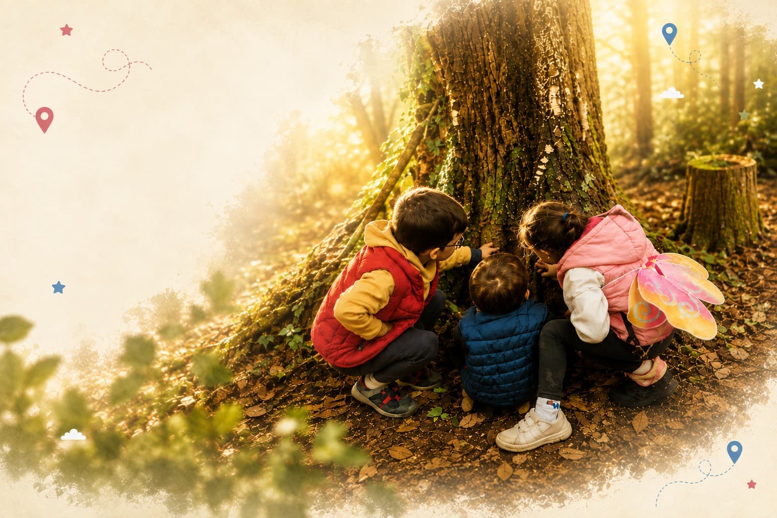 Three children crouched together, exploring the base of a large tree trunk in a sunlit forest, with playful map pins and stars illustrated around the edges